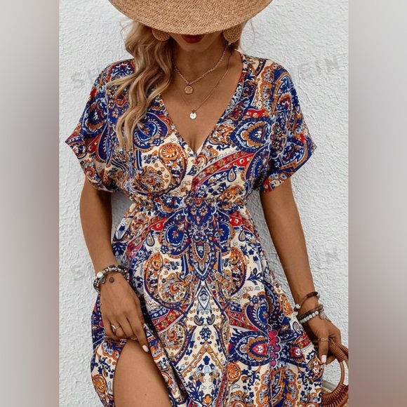 Paisley Print Batwing Sleeve Ruffle Hem Dress - Picture 6 of 8